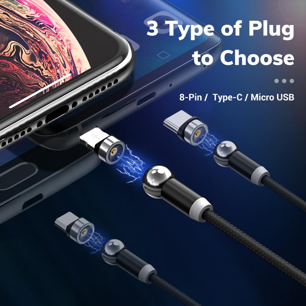 TOPK AM28 360 grad Drehen Magnetischer Micro USB Typ C Kabel LED Magnetic Charging Kabel für iPhone 11 Xs Max X 8 7 6
