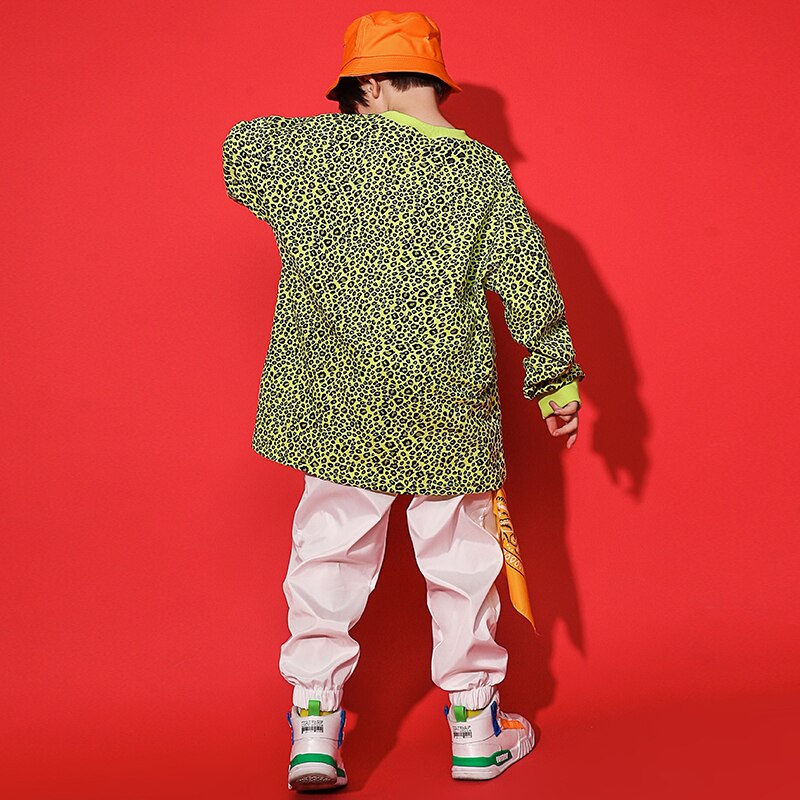 Kids Hip Hop Dancing Outfits Leopard Print Long Sleeve Sweatshirt Streetwear Jogger Pants for Boys Jazz Dance Costume Clothing