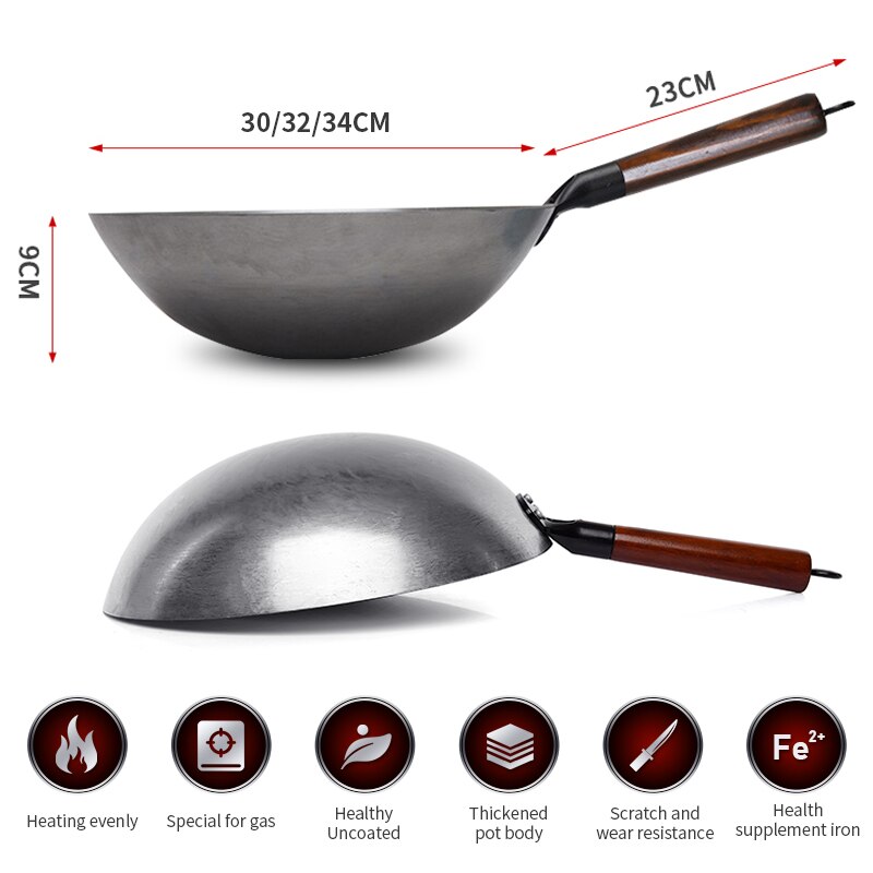 Iron wok China Traditional Wok Handmade Non-coating Woks with Wooden Handle For Kitchen Gas Cookware 1 to 2 People