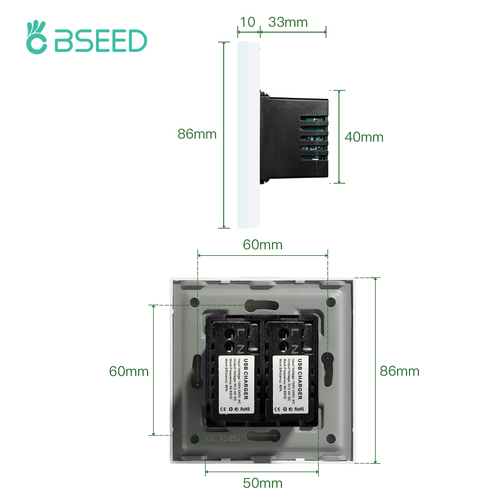 BSEED-Enchufes de pared USB dobles, tomas de carga de energía Dual, Panel blanco dorado y negro, 86mm, 5V, 1.1A, con luz Led