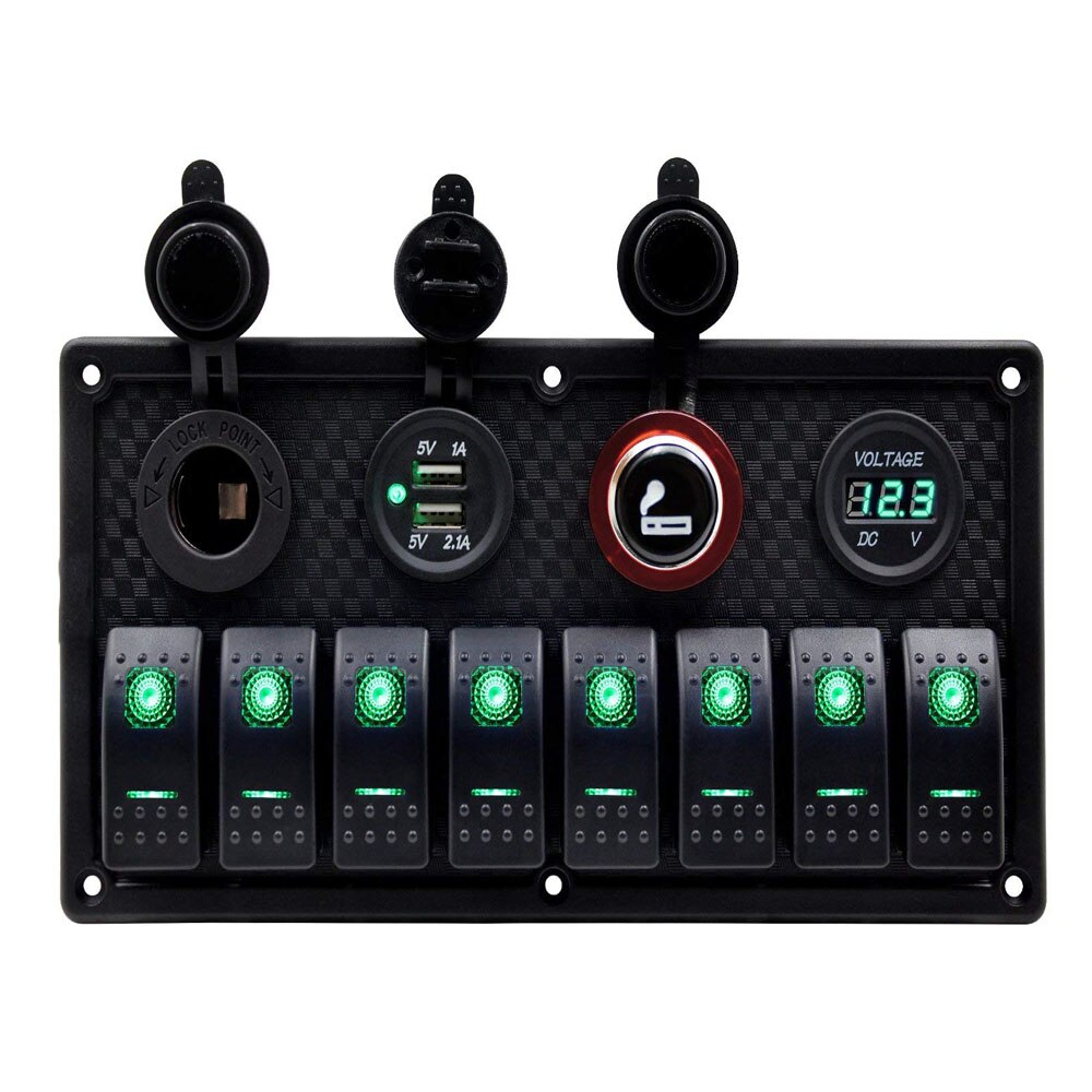 8- gängs vippbrytare panel kontroll bil marin båt strömbrytare panel dubbla usb-laddningsportar cigarettändaruttag: 8 gäng grön led