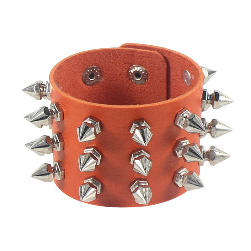 Punk Bracelet for Men Women Goth Black Leather Wristband with Metal Spike Studded Spike Rivets Cuff Bangle Adjustable: Rust Red