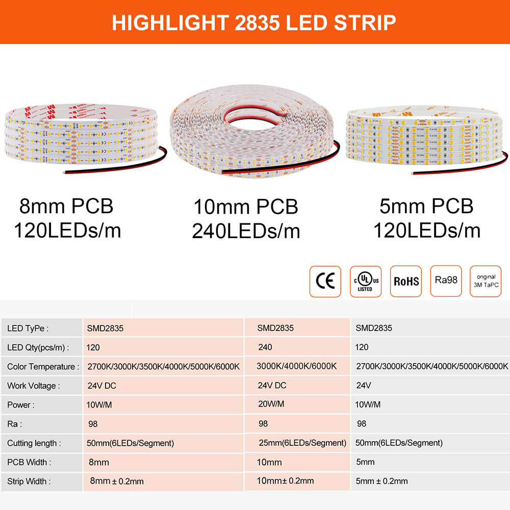 5mm 8mm 10mm pcb led-remsa  ra98 5m 10m 24v 2835 120 240 leds flexibel tejpbelysning 2700k 3000k 3500k 4000k 5000k 6000k