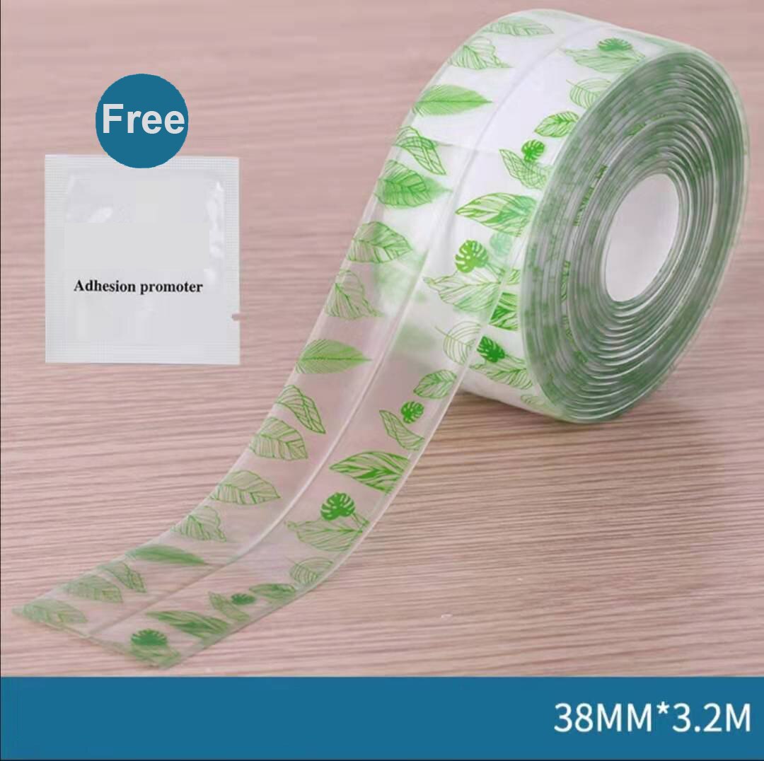 Multi print gennemsigtig 3.2 mx 38mm pvc tætningsbånd tape vinduer bad køkken vandtæt selvklæbende søm toilet hjørne: Grønne blade