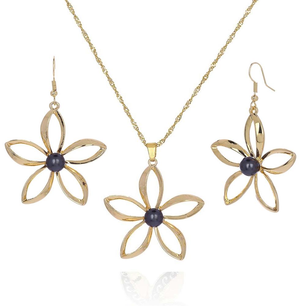 Cring Coco Mode Hibiscus Bloemen Sieraden Set Vrouwen Hawaiian Polynesische Vergulde Ketting Oorbellen Set: ZH0055GOGR