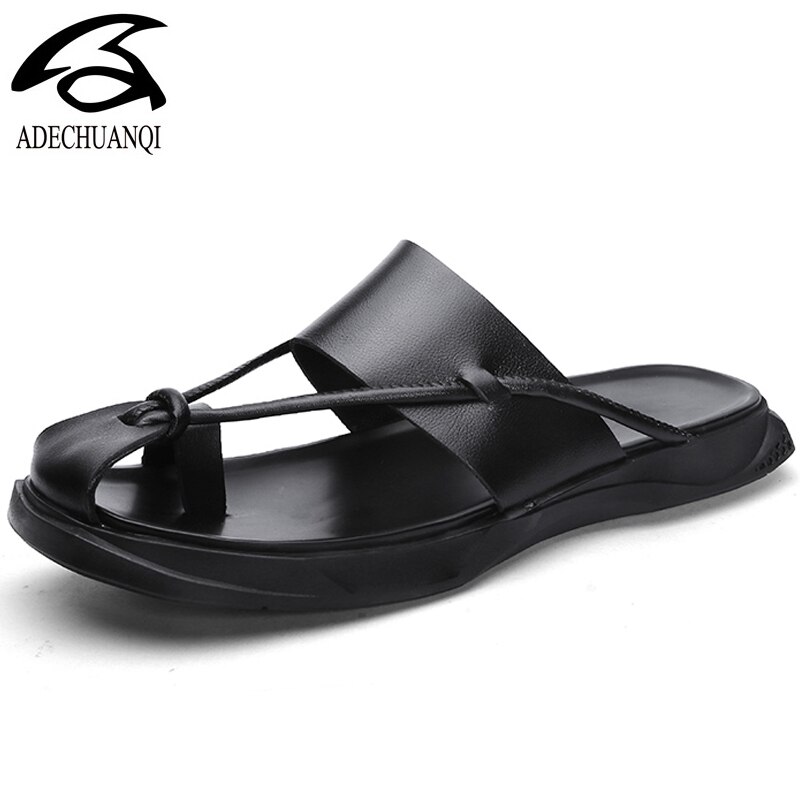 Herr läder tofflor sandaler split läder herr strandskor slip on flip flops herr fritidsskor sommar skor: Svart / 8.5