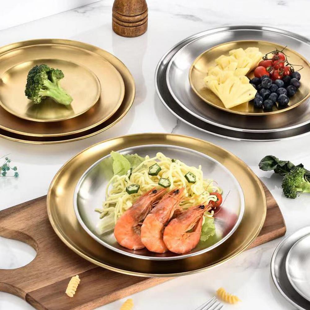 Buffet Plate Round Shape Fruit Plate 201 Stainless Steel Multifunctional Convenient Smooth Surface Western Food Tray