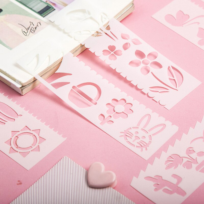 8pcs/1Set Hand Drawing Scrapbook Stencil Tools Self Adhesive Pattern Stencil DIY Plastic Photo Albums Scrapbook Stencil Patterns