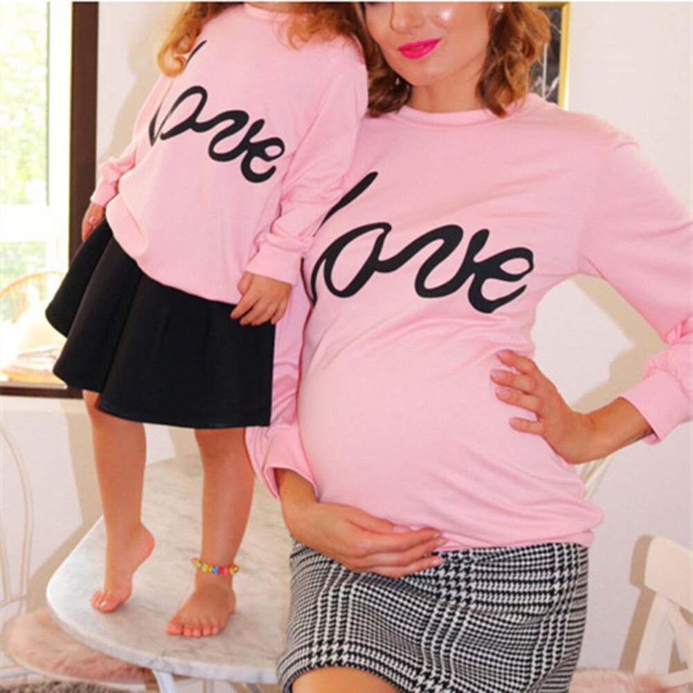 Mother Baby Girls Parent-Child Matching Clothing Pregnant Women Child Sweatshirt Tops Love Letter Print Long Sleeve Shirt