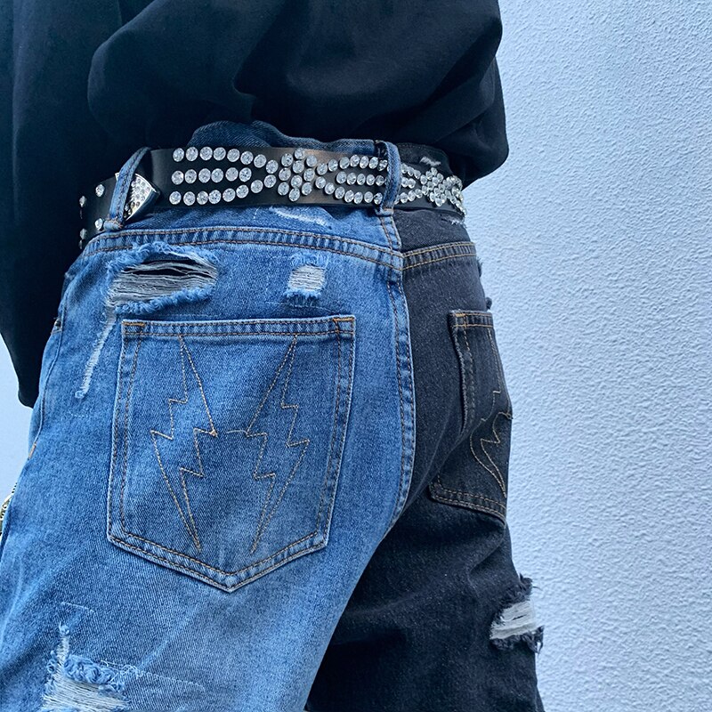 Swag – jean délavé délavé et délavé pour homme, pantalon en Denim évasé, coupe ajustée, style Hip Hop, noir et bleu