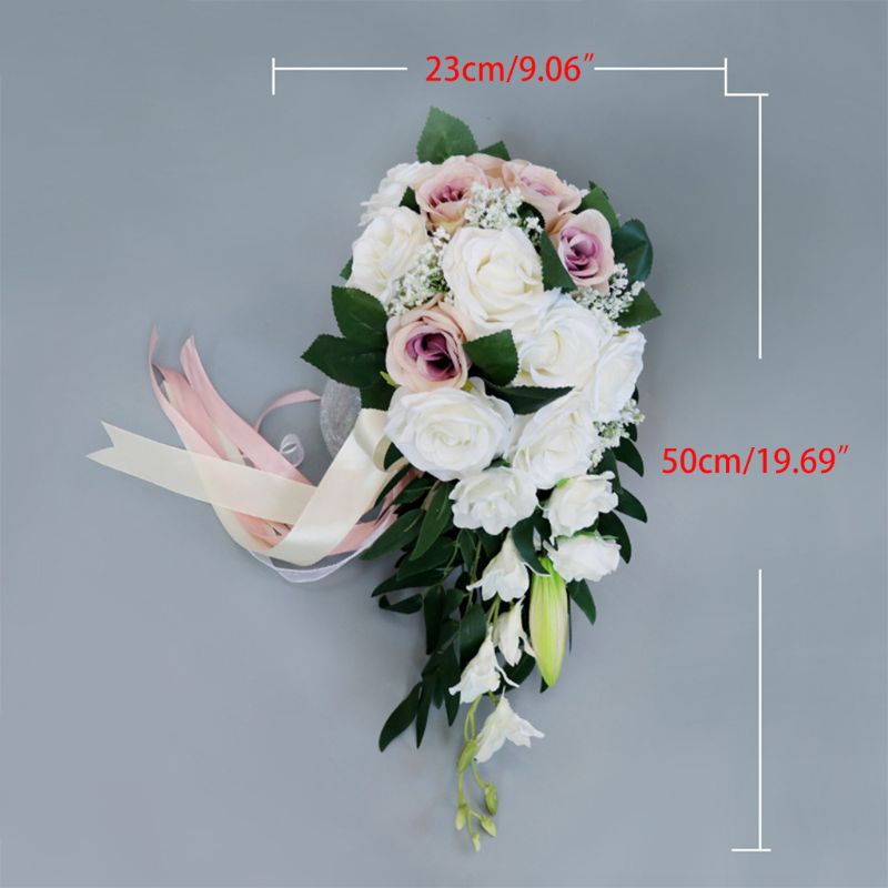 Teardrop Romantic Wedding Bridal Long Bouquet Artificial Rose Flowers with Ribbons Waterfall Flowers Bunch DIY Party Decoration
