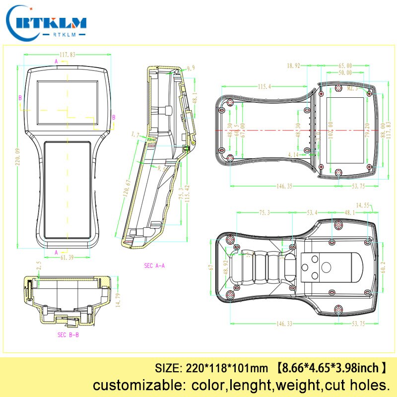 Black plastic handheld box abs plastic enclosure portable project enclosure junction box diy custom speaker box 220*118*101mm