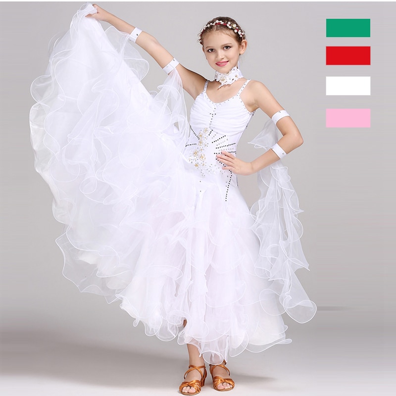 Children Kids Girls Pink White Tango Ballroom Viennese Waltz Dress Waltz Dance Costumes