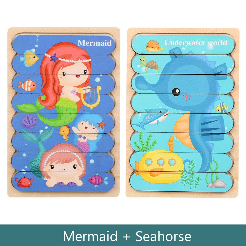 Children Cartoon Puzzle Baby Wooden Double-sided Jigsaw 3D Storytelling Stacking Puzzle Kid Educational Learning Toys: P