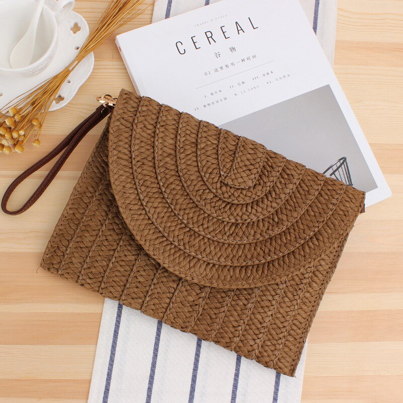Bolso para mujer tejido de paja de papel trenzado hecho a mano, sencillo, informal, para playa: Dark Brown