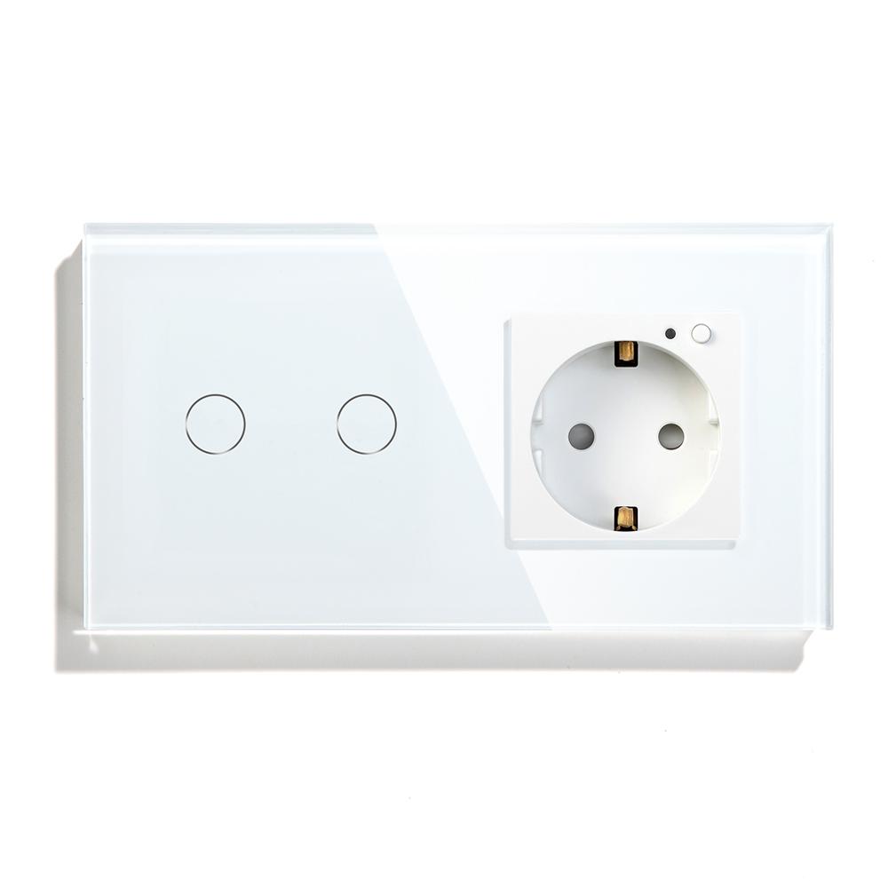 BSEED EU Standard Smart Socket Wifi Touch Switches Crystal Glass Panel Tuya Smart Switch 1/2/3Gang 1/2/3Way Alexa APP Control: White 2Gang