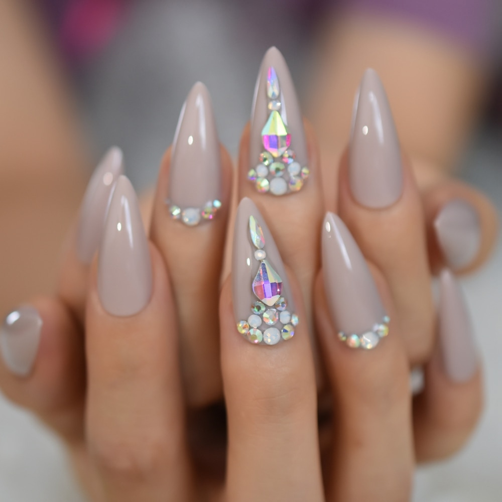Cristal faux ongles pointus Strass Long Stiletto acrylique artificiel ongles Art conseils Strass manucure conseils 24