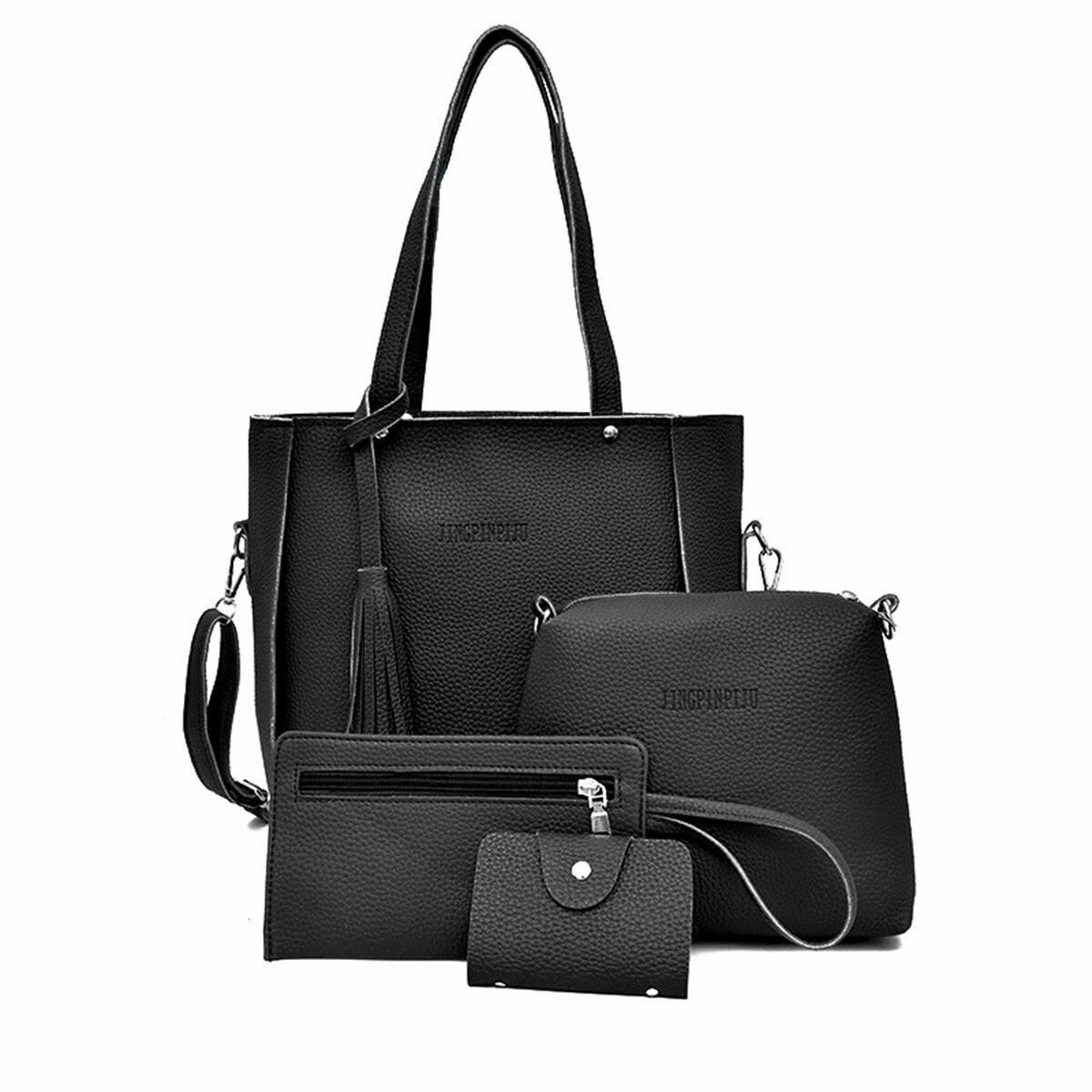 Kvinners skulderveske 4 stk pu lær fast skumring budbringer bag bærbar veske kløtsj bag mini bag: Svart