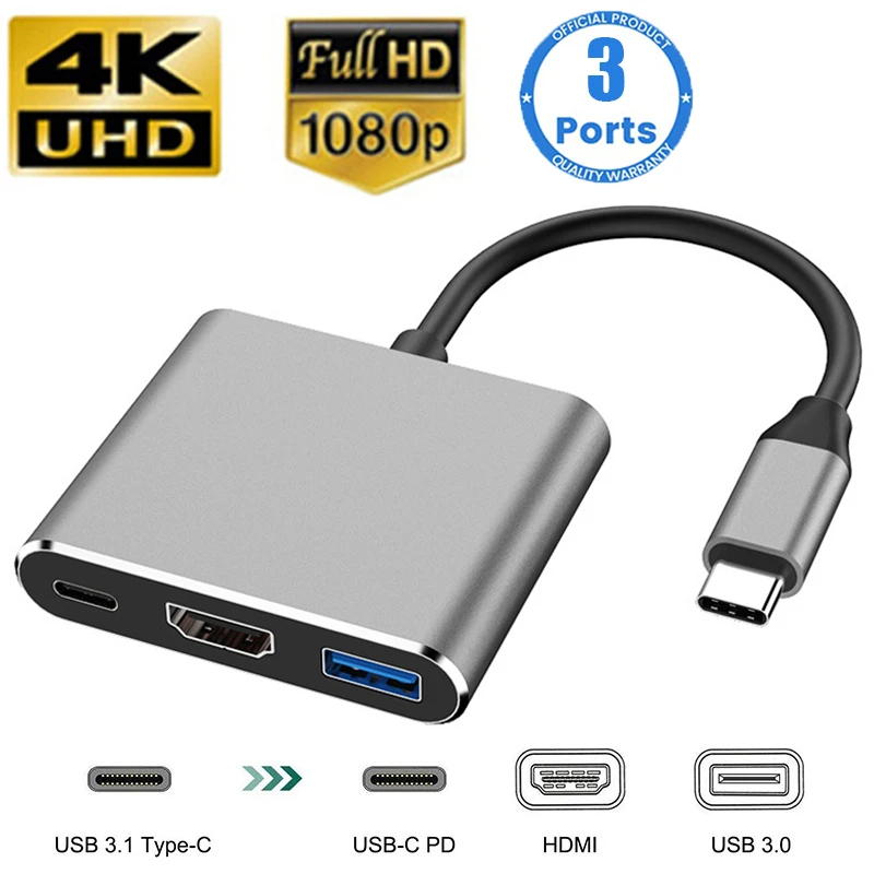 3-in-1 USB-hub USB C naar HDMI-compatibele splitter HUB Type-c naar HDMI-compatibel USB3.0 dockingstation voor Macbook Air Converter: Default Title