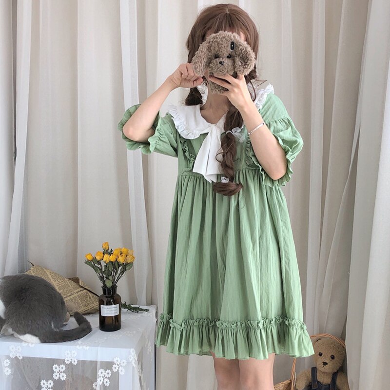 Été Lolita robe japonais Kawaii vêtements lanterne manches mignon bleu/vert Lolita vêtements thé robes de fête pour les femmes VO720