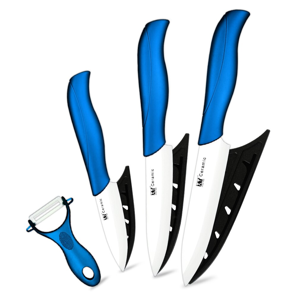 Keramik Messer 3 4 5 6 zoll Küchenmesser Set Peeler Zirkonia Schwarz Weiß Klinge Obst Koch Messer Vege Kochen werkzeug Stand Abdeckung Fall: Blue 4 Pcs Set 2