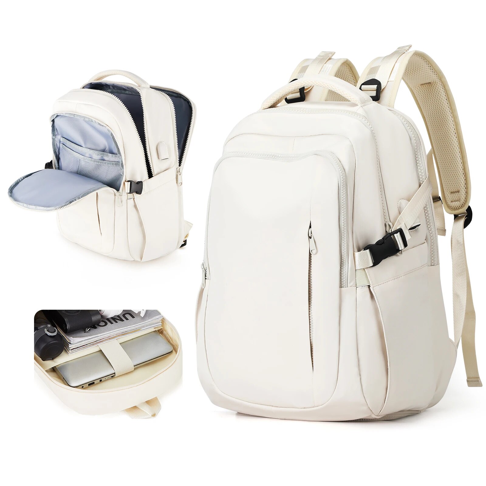 Likros heren rugzak grote capaciteit laptop rugzak met USB-poort college nylon schoolrugzak dames rugzak reisrugzakken: Beige