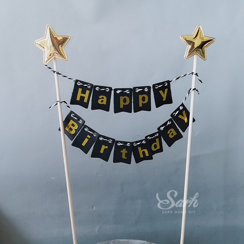 Decoração de bolo com borla "feliz aniversário", chapéu da estrela dourado preto com borla "feliz aniversário" coleção de bolo, presentes de festa de aniversário e casamento