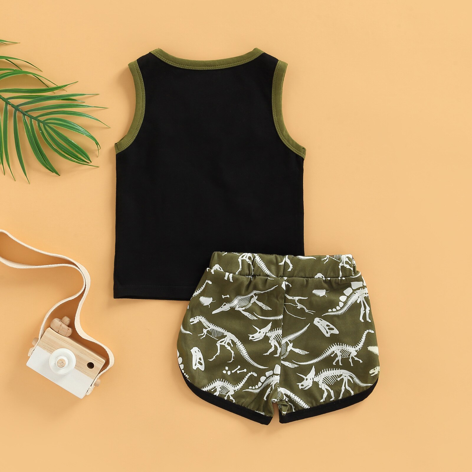 Tenue d&#39;été 2 pièces pour bébé garçon, haut gilet sans manches + short imprimé dessin animé dinosaure, couleurs assorties, col rond, lettres