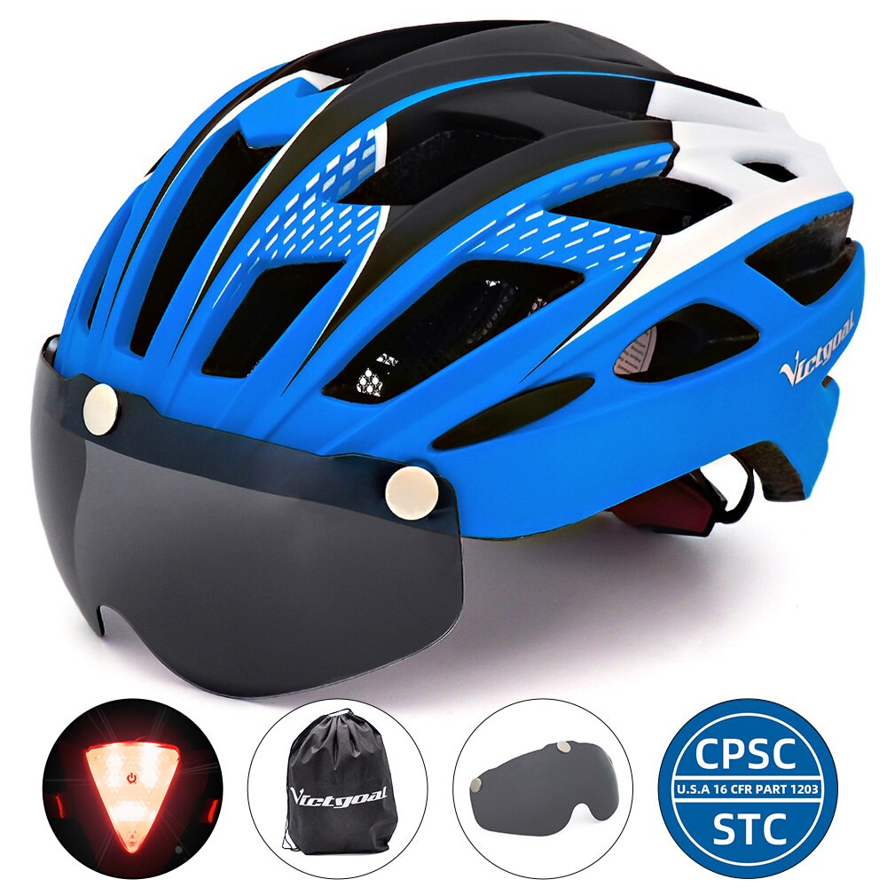 VICTGOAL Cycling Helmet with Goggles LED Rear Light Men Women Adult Bicycle Helmet Face Shield MTB Road Bike Electric Scooter: Blue