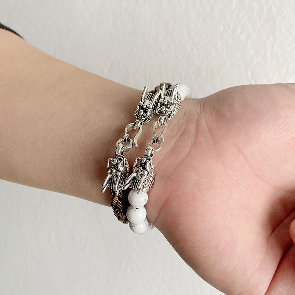 Heren Paar Lederen Edelsteen Kralen Armbanden Dragon Clasp Angst Stress Verlichting Healing Chakra 8Mm Ronde Kralen Set Sieraden
