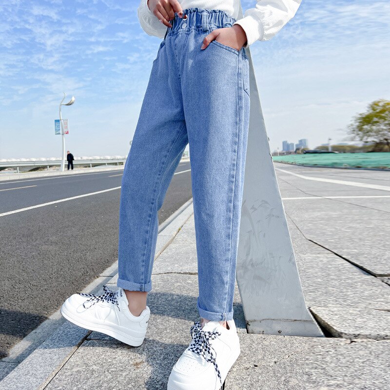 Pantalones Vaqueros azules para chicas adolescentes, Vaqueros de cintura alta Vintage, largos e informales, nuevos: 140(7-8Y)