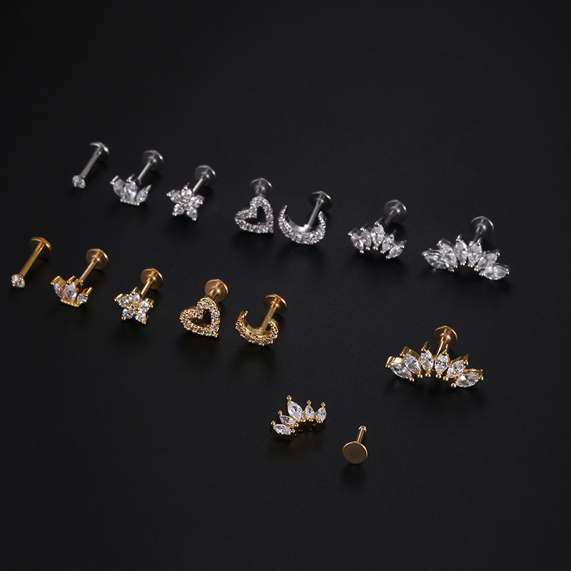 1 Pcs 16G Mode Crystal Oor Piercing Stud Ster Hart Bloem Kraakbeen Helix Schelp Schroef Terug Oorbellen Voor vrouw Sieraden