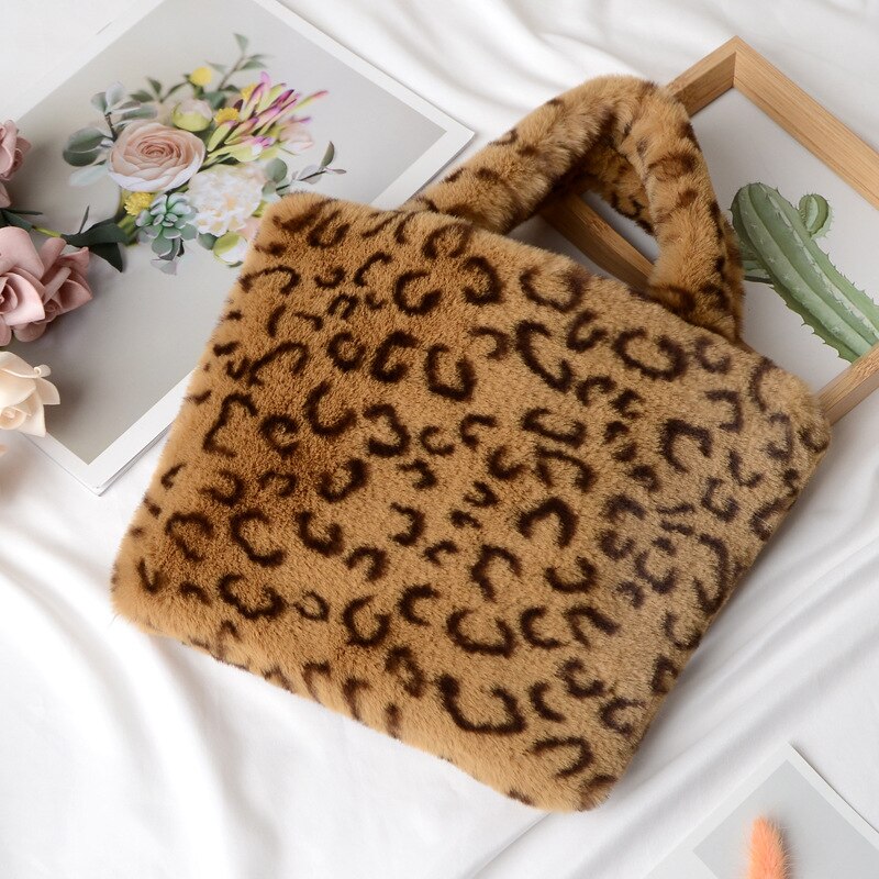 Leopardo impressão de pelúcia bolsa feminina na moda macio bolsa de ombro inverno quente correntes crossbody saco moda fofo menina bolsa de compras: khaki leopard
