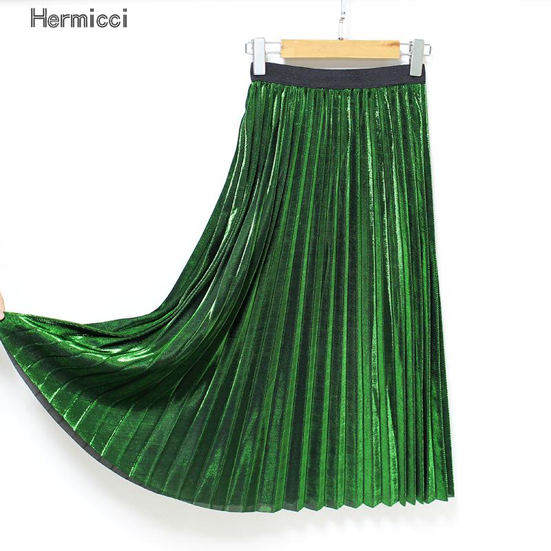 Filles plissé métal brillant argent jupe femmes décontracté Vintage mi-long a-ligne métallique daim jupes femme automne/hiver jupes