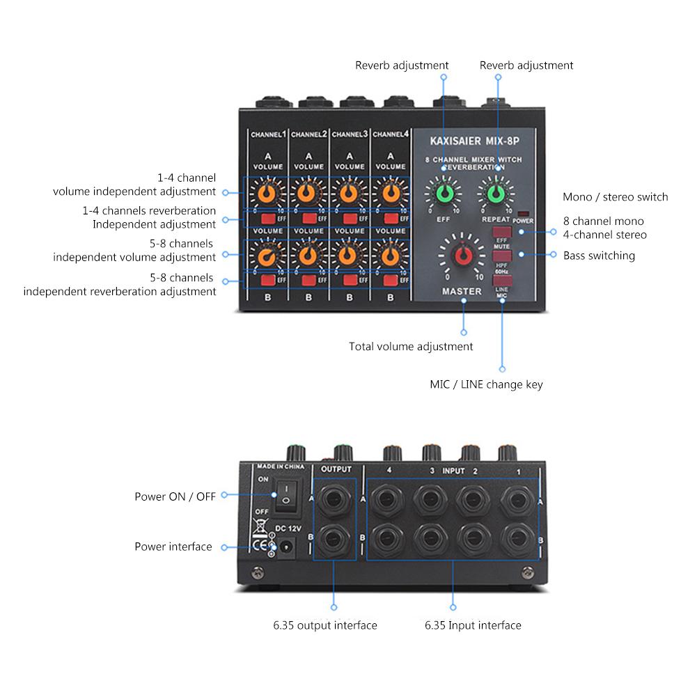 Portable Digital 8-Channel Stereo Sound Mixing Console Reverb Effect Audio Sound Mixer for Amplifier &amp; Microphone US Plug