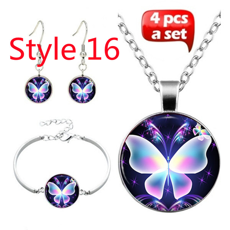 Tegel Sieraden Vlinder Glas Cabochon Ketting Stud Oorbellen Armband Set Totally 4Pcs Boom Celestial Vrouwen Sieraden Set: Style 16