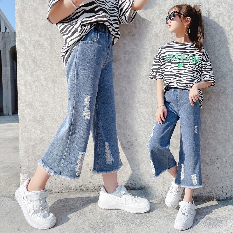 Pantalones vaqueros con agujeros rotos para niñas, Jeans finos de pierna ancha para niños, ropa para niñas de 4, 6, 8, 10 y 12 años, novedad de 2022