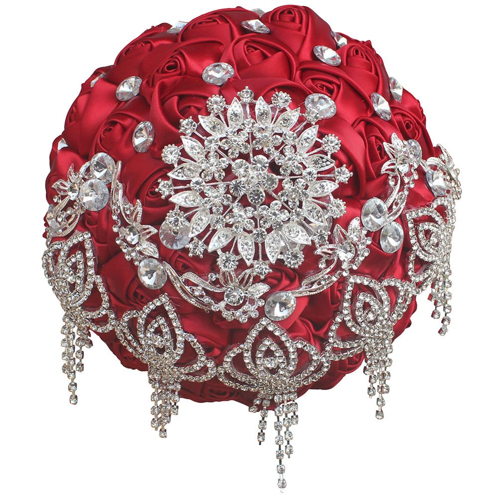 JaneVini Luxus Rot Hochzeit Bouquet Strass Kristall Künstliche Satin Rosen Braut Blumenstrauß Blumen Halten Hochzeit Zubehör: Diameter 24cm