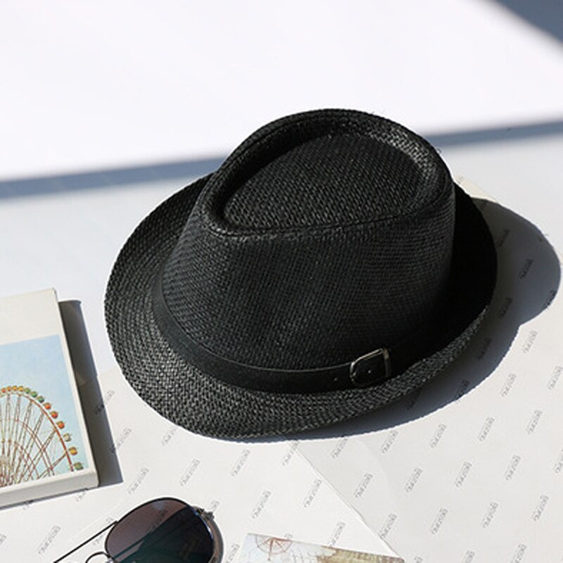 Summer Men Women Children Paper Straw Hat Trilby Gangster Cap Beach Sun Hats Straw Parent-child Jazz Hats Travel Fedoras GH-625: black buckle / 54cm