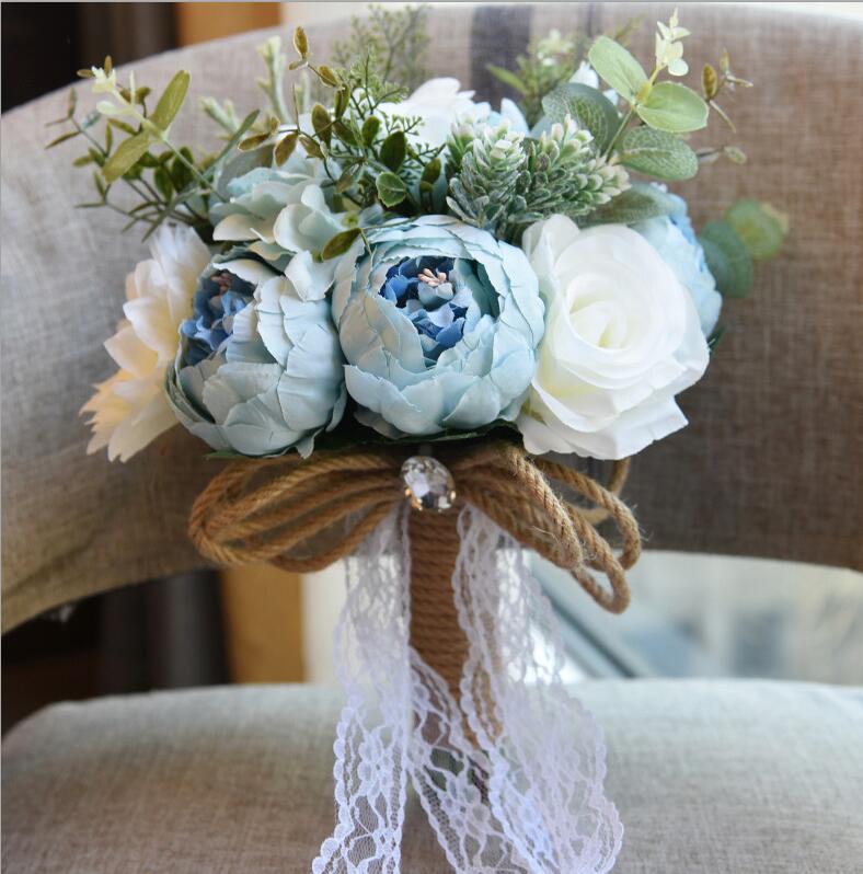 Missrdress buquê de casamento champanhe rendas buquês de noiva flores artificiais estilo rústico flores de casamento para casamento accessorie: Blue