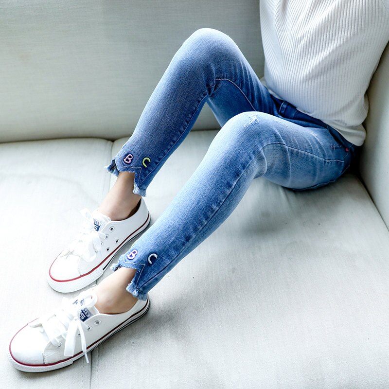 Børn sommer jeans til teenagere pige bogstav print denim bukser til piger jeans bukser til kvindelige børn skole pige tøj 4-13