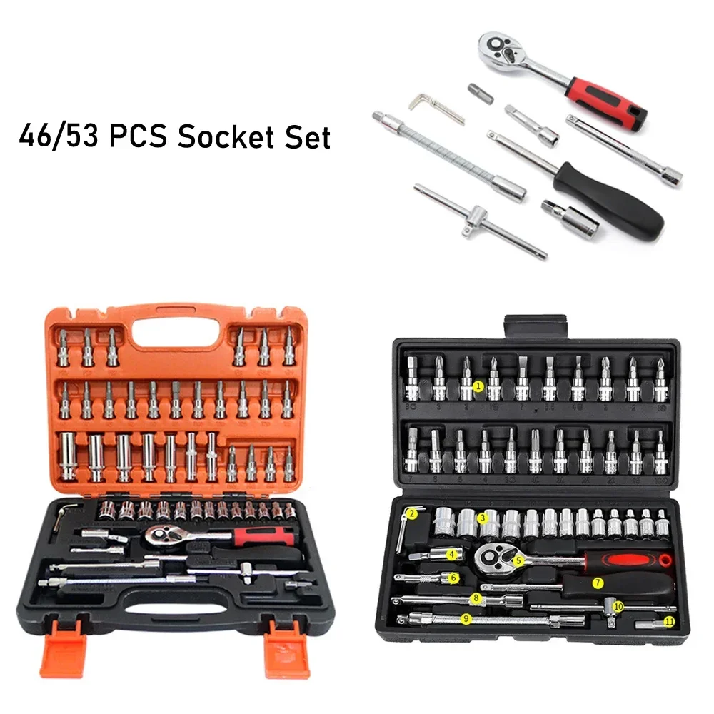 Kit de herramientas de reparación de automóviles 46/53 unid/set juego de enchufes de 1/4 pulgadas herramienta de reparación de automóviles llave dinamométrica de trinquete Combo juego de herramientas de reparación de automóviles