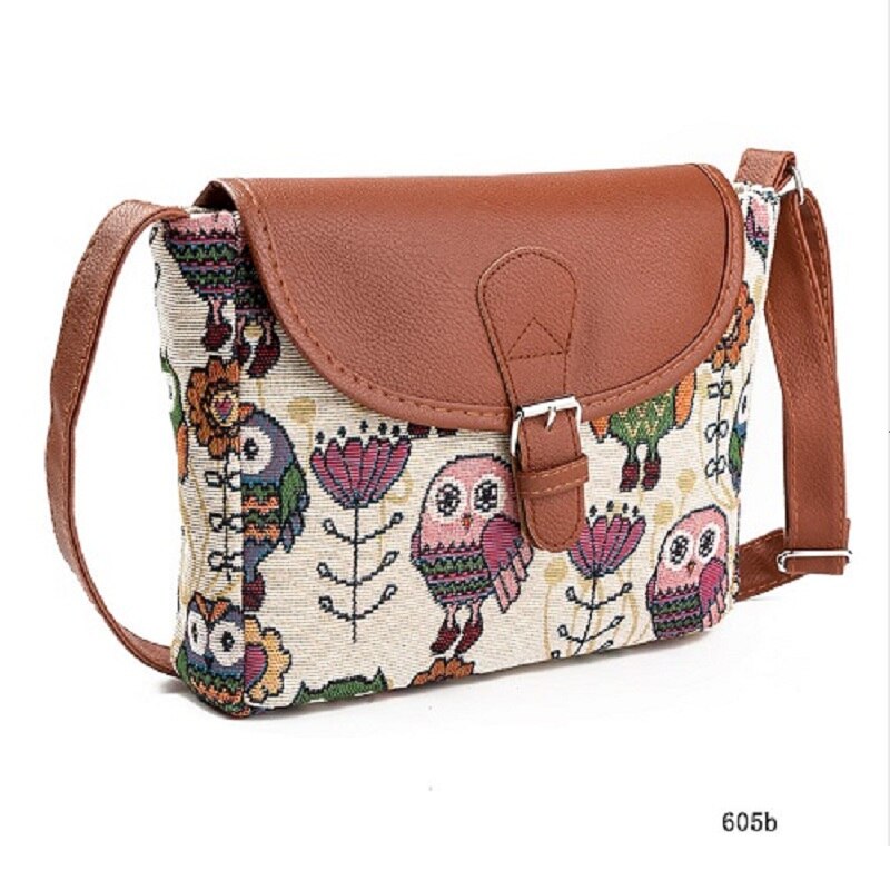 Miyahouse Donne di Estate Borse A Tracolla Flap Bag Della Signora di Tela di Canapa Del Fumetto Del Gufo Stampato Crossbody Borse A Spalla Piccola Femmina Borse: 605b