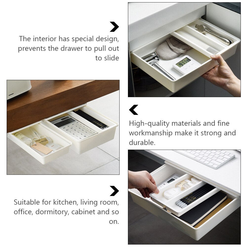 1 Pc Under Desk Drawer Office Storage Box Self Stick Table Desk Storage Box (White)