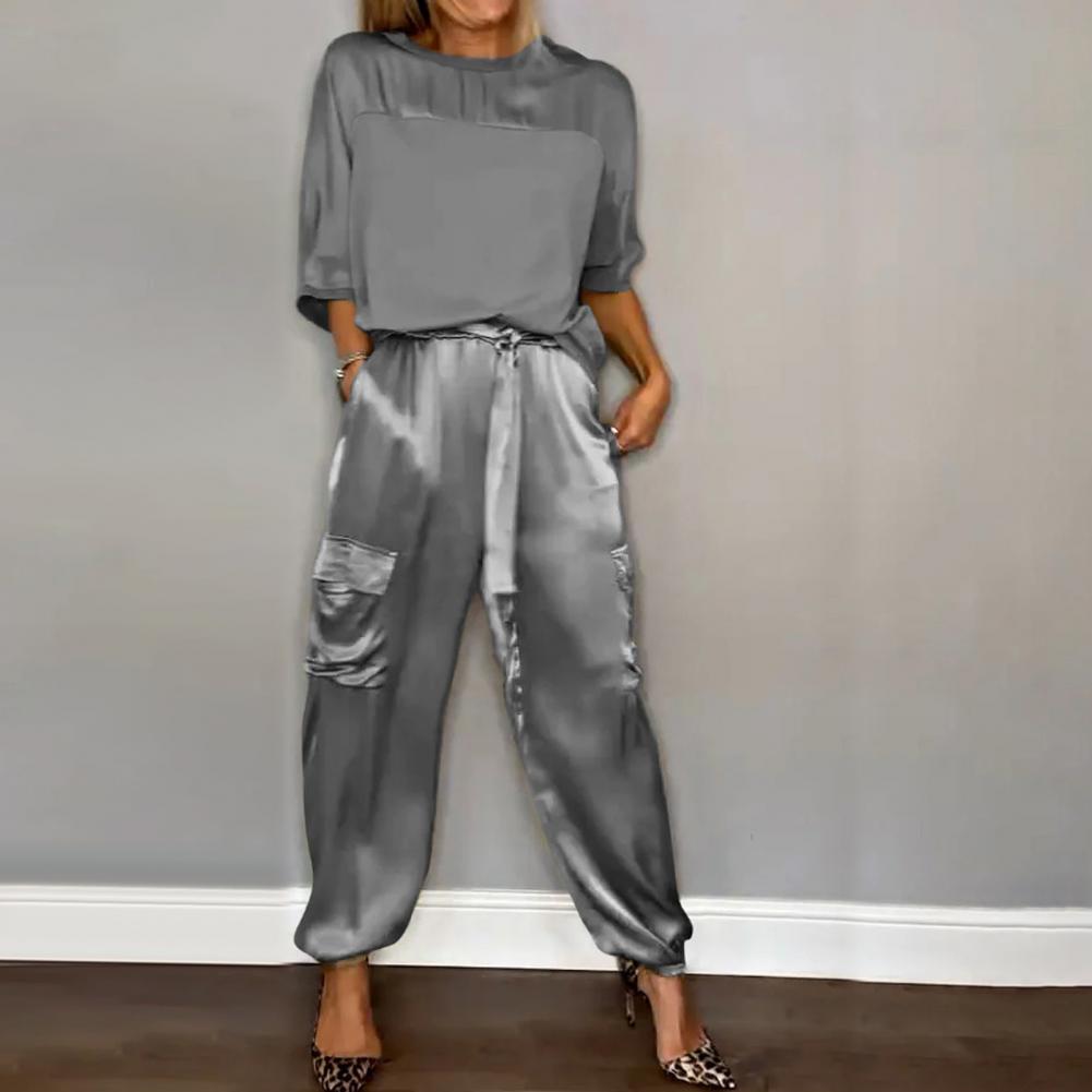 Women Two-piece Set Three-quarter Sleeve Suit Satin Women's Top Pants Set Lace-up Waist Women Casual Patchwork Suit