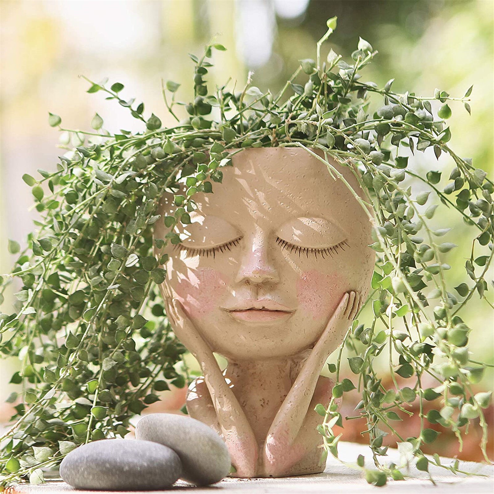 Piger ansigt hoved blomsterplanter sukkulent plante blomsterbeholder potte urtepotte figur havedekoration nordisk bordplade ornament