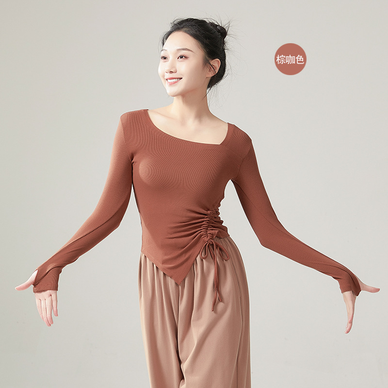 Vrouwen Moderne Danskleding Vingermouwen Zoom Trekkoord Gebreide Tops Stage Performance Kleding China Slim Fit Yoga Kostuum