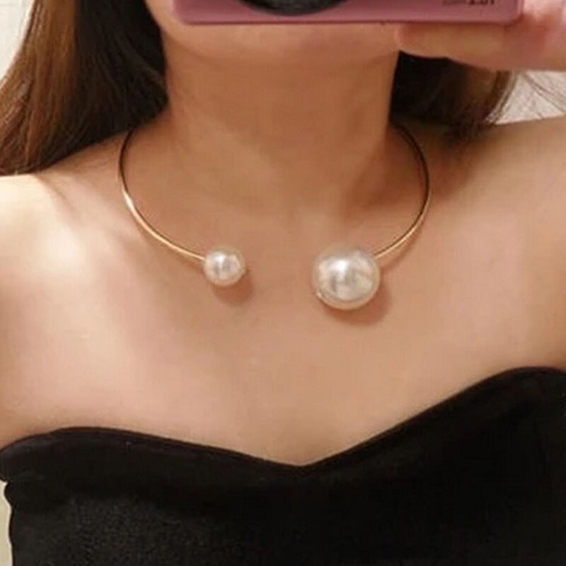 Double simulé-perle ouvert collier ras du cou pour dames collier de manchette collier déclaration couples fête bijoux de: Gold