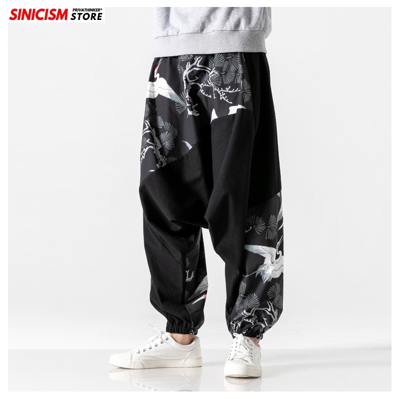 MrGoldenBowl Store-pantalones bombachos holgados para hombre, ropa tradicional informal, de algodón con estampado de grulla, a la , otoño, 2022