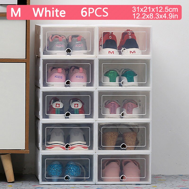 6pcs transparent shoe box thickened transparent dustproof shoe storage box can stacked combination shoe cabinet shoe organizer: 31X21X12.5cm WHITE6